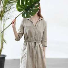 Casual Elastic Waist Linen Dress in Khaki