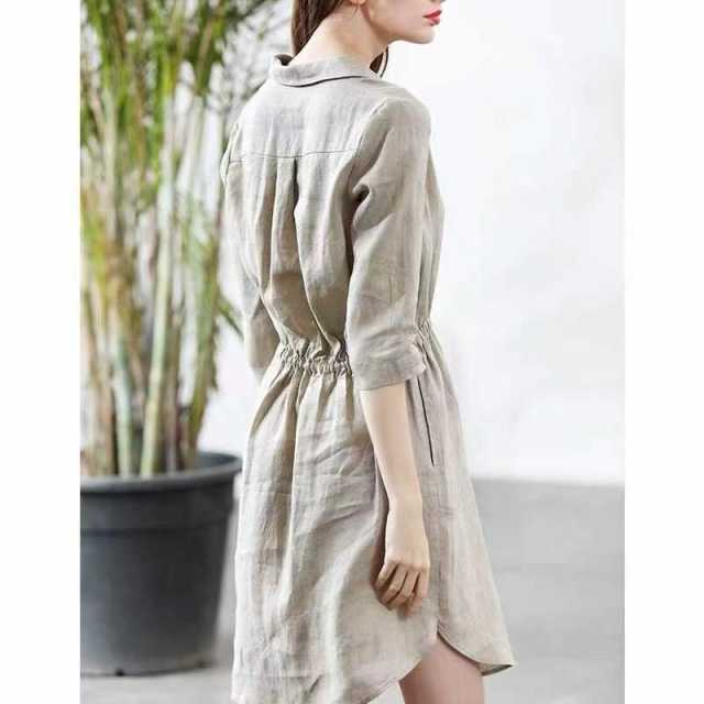 Casual Elastic Waist Linen Dress in Khaki