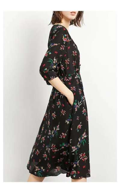 V-neck Silk Midi Dress with Floral Print