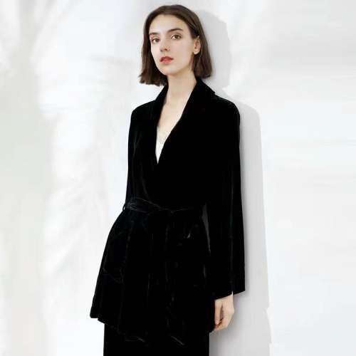 Mid Length Black Velvet Coat with Waistband