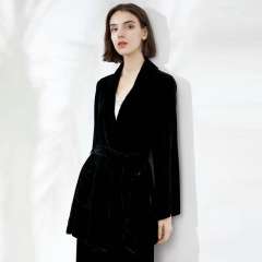 Mid Length Black Velvet Coat with Waistband