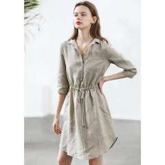 Casual Elastic Waist Linen Dress in Khaki