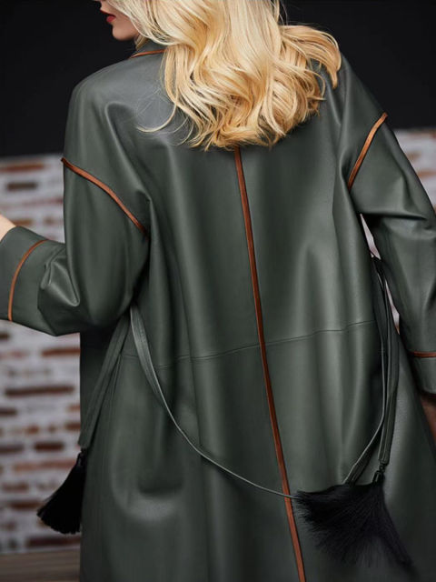 Sheepskin Loose V-neck Mid-length Leather Coat
