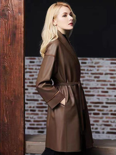 Sheepskin Loose V-neck Mid-length Leather Coat