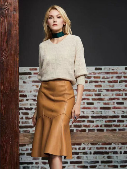 Brown Leather Skirt  Elegant Retro High-quality