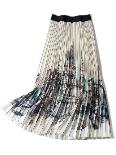 Pleated Ink Painting Printed Summer Silk Skirt
