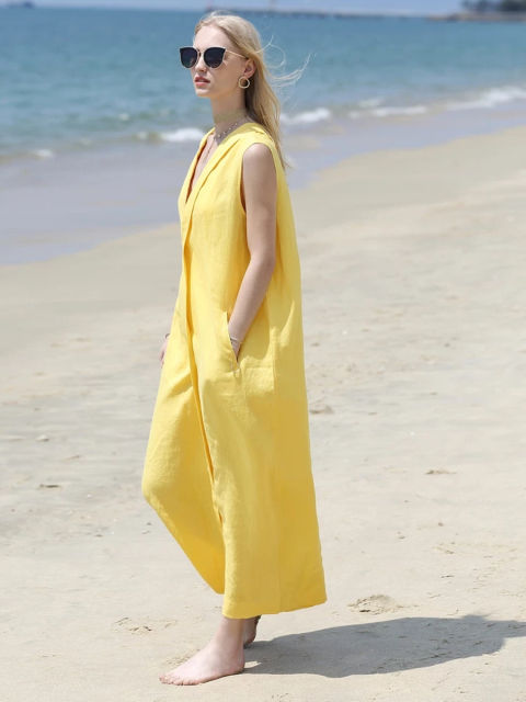 Sleeveless V-neck Linen Dress | izend-clothes.com