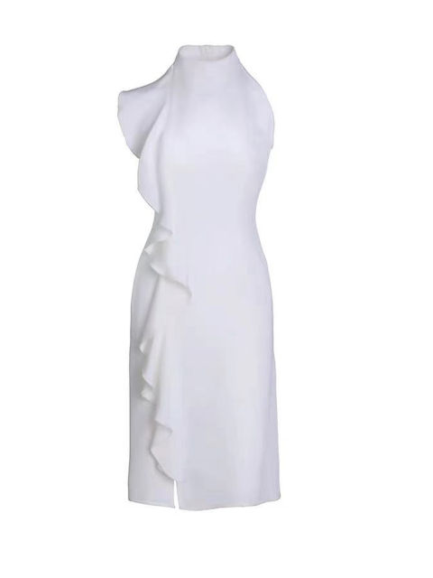 Cocktail Dress with Side Ruffle Detail in White