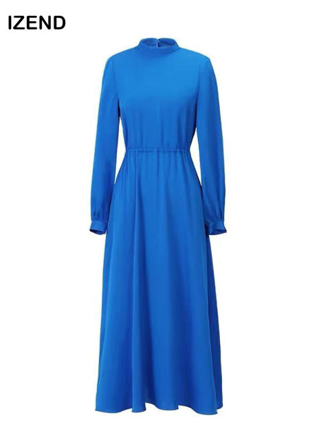 Blue Silk Dress Stand Collar Long Silk Formal Dress