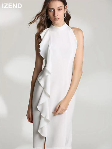 Cocktail Dress with Side Ruffle Detail in White