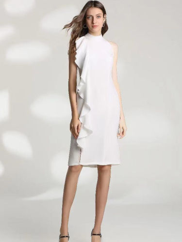 Cocktail Dress with Side Ruffle Detail in White