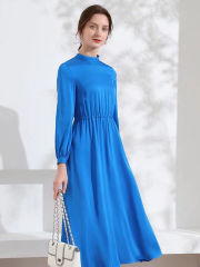 Blue Silk Dress Stand Collar Long Silk Formal Dress