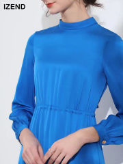 Blue Silk Dress Stand Collar Long Silk Formal Dress