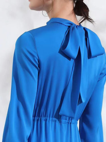 Blue Silk Dress Stand Collar Long Silk Formal Dress