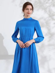 Blue Silk Dress Stand Collar Long Silk Formal Dress