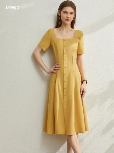 Mustard Square Neck Midi Summer Tea Dress