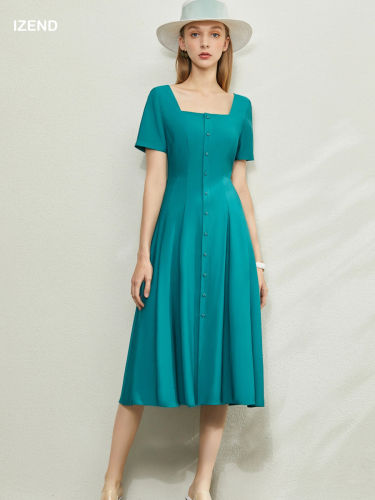 Teal Square Neck Midi Summer Tea Dress