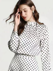 Dot Bow Tie Collar Long Sleeve Blouse