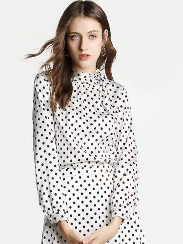 Dot Bow Tie Collar Long Sleeve Blouse