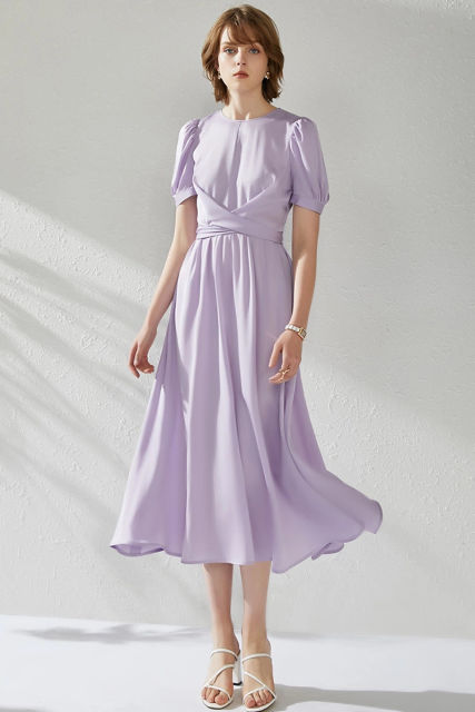 Puff Sleeve Wrinkle Waist Silk Dress