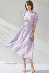Puff Sleeve Wrinkle Waist Silk Dress