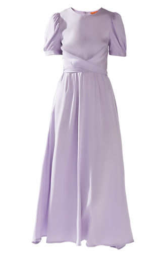 Puff Sleeve Wrinkle Waist Silk Dress