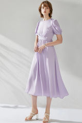 Puff Sleeve Wrinkle Waist Silk Dress