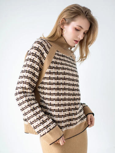 Classic Plaid High Neck Cashmere Sweater Set