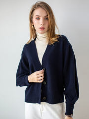 Large V-neck Cashmere Bubble Sleeve Cardigan