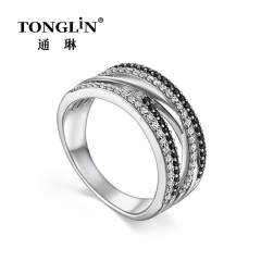 Multi Layer Ladies Silver Ring With Black Zircon Stone