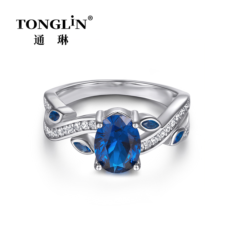 Стерлинговое серебро Овальный синий циркон бриллиантовое обручальное кольцо