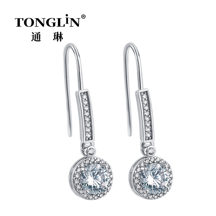 Sterling Silver Long Stud Zircon Hoop Earrings