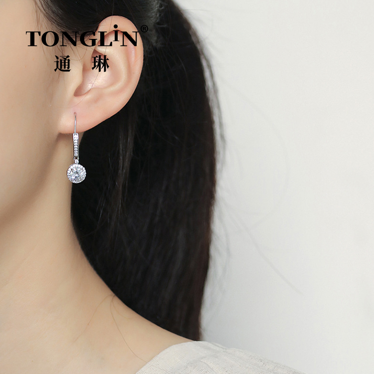 Sterling Silver Long Stud Zircon Hoop Earrings