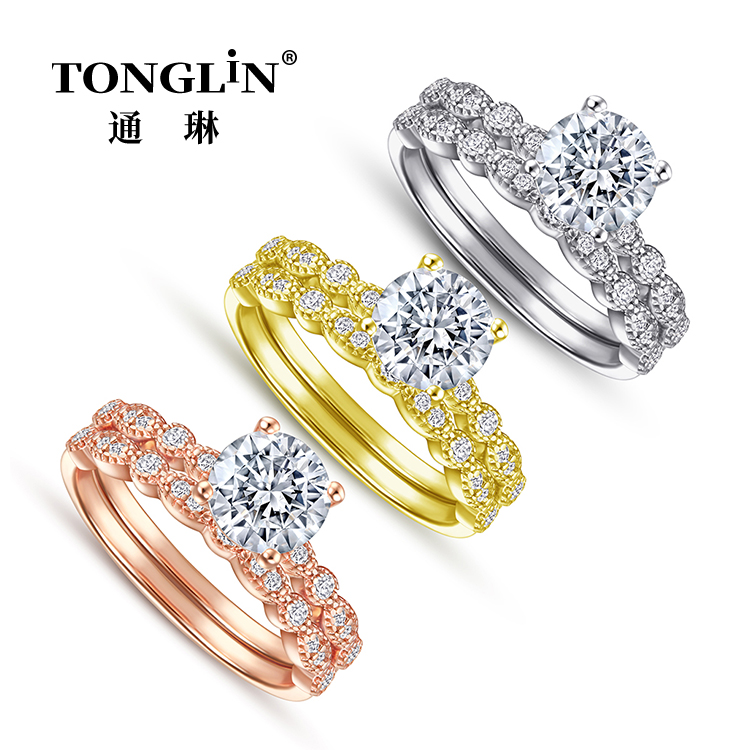 Round Zirconia 925 Sterling Silver Wedding Ring Sets