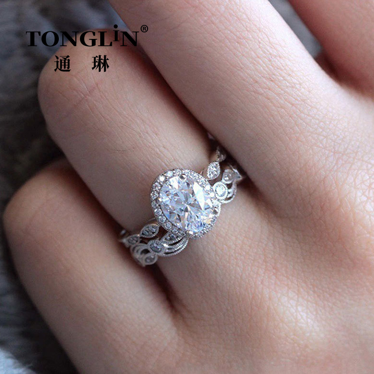 Sterling Silver Vintage Oval Cut Zirconia Wedding Ring Sets