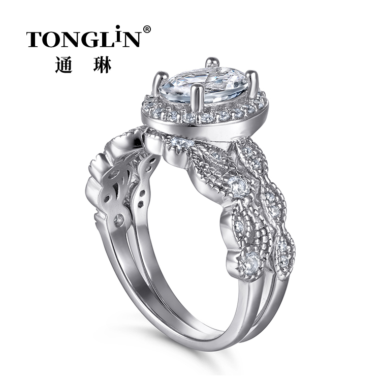 Sterling Silver Vintage Oval Cut Zirconia Wedding Ring Sets