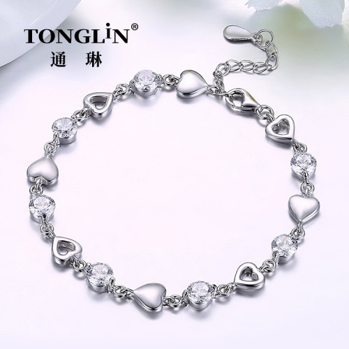 Cubic Zirconia Silver Heart Link Bracelet For Women