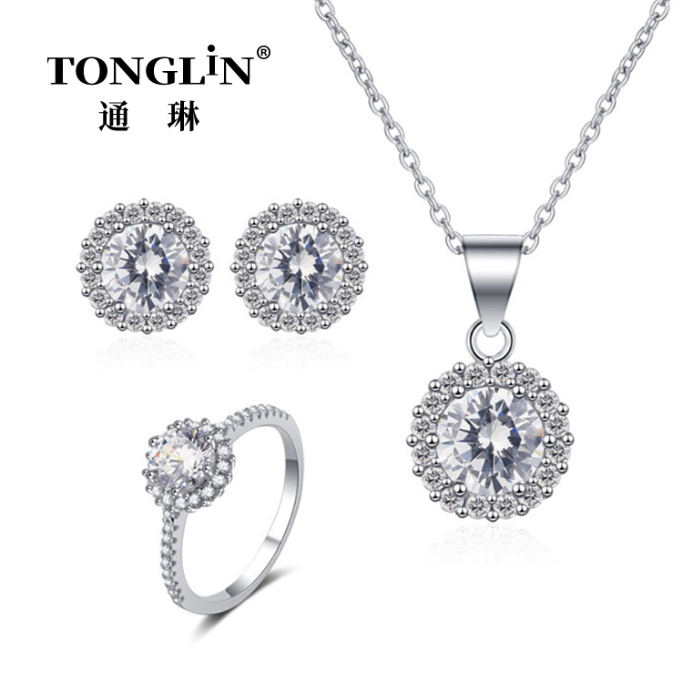 Cubic Zirconia Necklace And Earring Ring Silver Jewelry Set