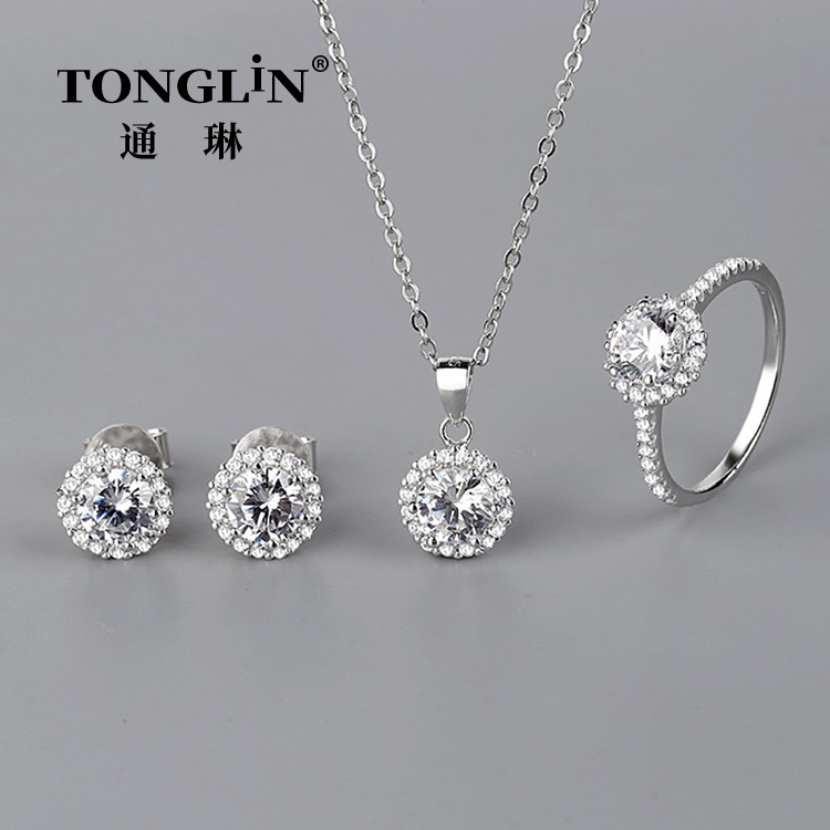 Cubic Zirconia Necklace And Earring Ring Silver Jewelry Set