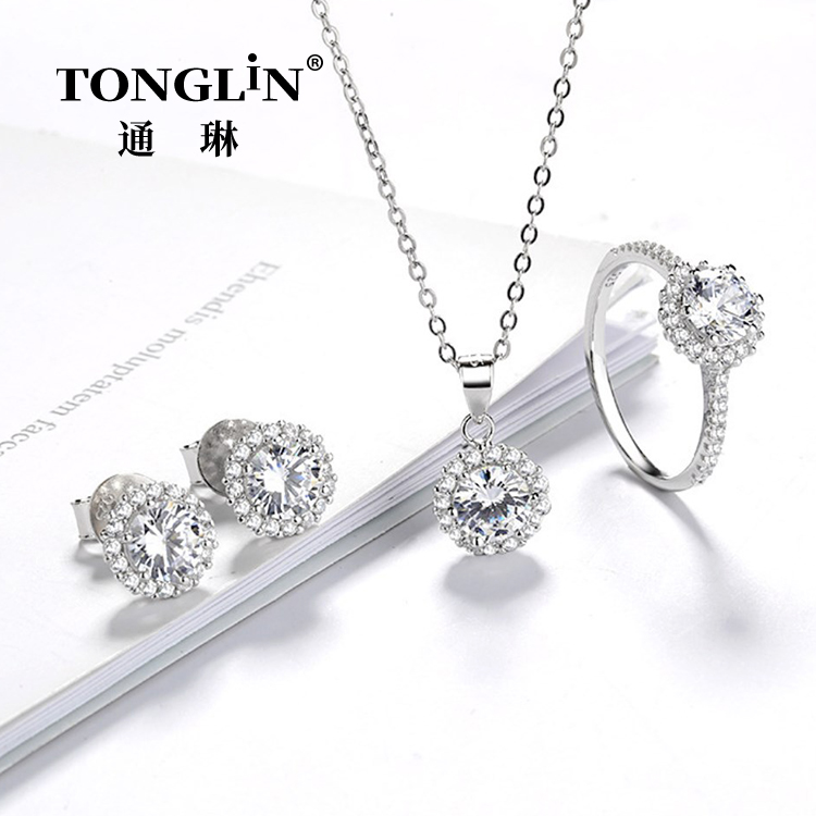 Cubic Zirconia Necklace And Earring Ring Silver Jewelry Set