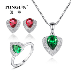 Pear Cut CZ 925 Silver Ring Pendant Necklace Earrings Set