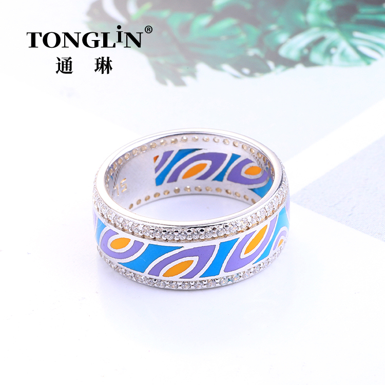 Double Circle Cubic Zirconia 925 Silver Colorful Enamel Ring