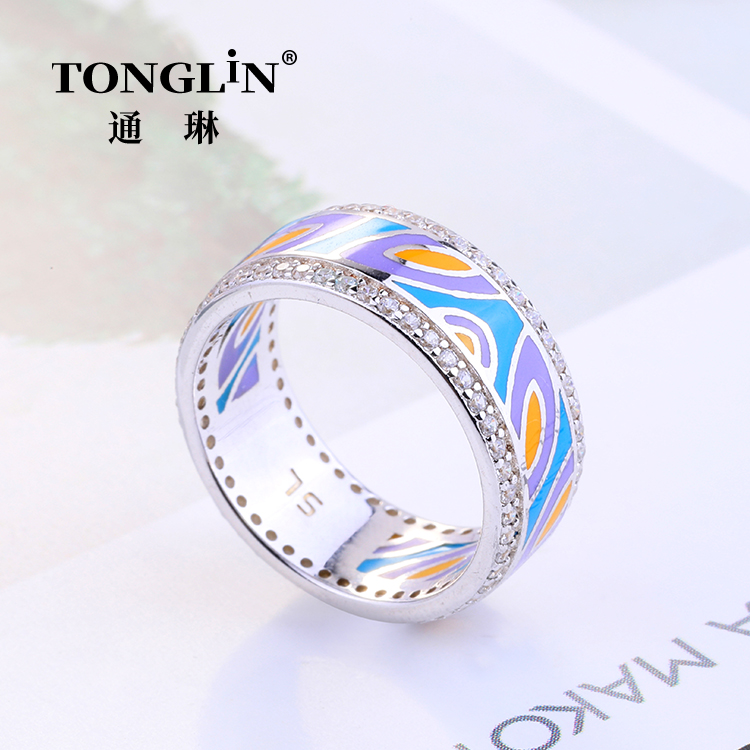 Bague en émail coloré en argent 925 avec zircon cubique à double cercle