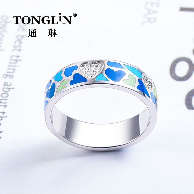 Cubic Zirconia Colorful Enamel Heart Engraved Silver Ring