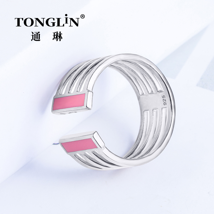 Pink Enamel Paint Adjustable Sterling Silver Open Ring