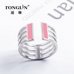 Pink Enamel Paint Adjustable Sterling Silver Open Ring