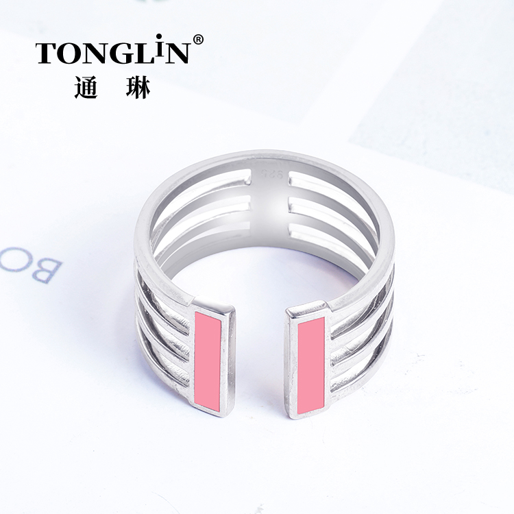 Pink Enamel Paint Adjustable Sterling Silver Open Ring