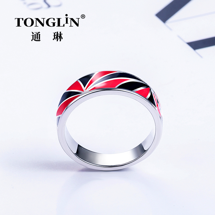 Sterling Silver Ring Red And Black Enamel For Women