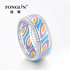 Double Circle Cubic Zirconia 925 Silver Colorful Enamel Ring