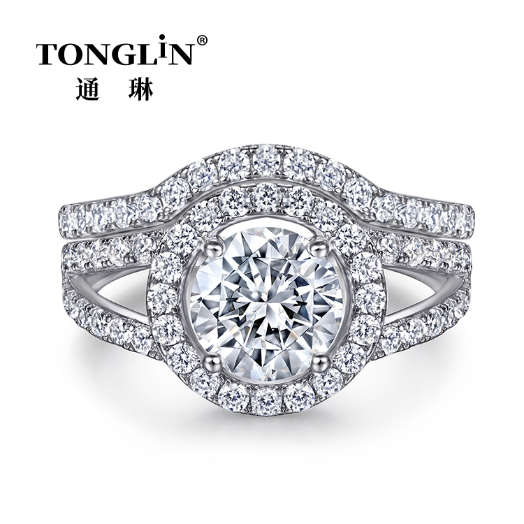 Zirconia Womens Silver Diamond Halo Engagement Ring Set